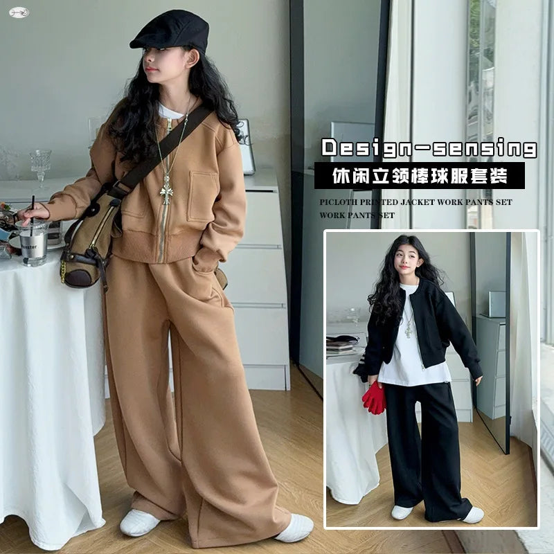 Teen Girls Casual Clothes Set Black Khaki Zipper Jacket+Wide leg pants 2pcs Junior Kids Suit Child Outfits Vetement enfant fille