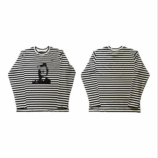 2025 New style dark black printed T-shirt, round-neck long-sleeved pullover, streetwear y2k men's and women's top