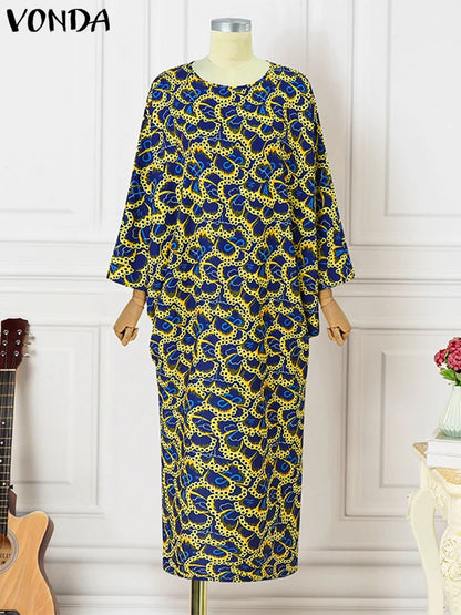 Plus Size 5XL VONDA Bohemian Printed Maxi Long Dress 2024 Women Vintage Flare Sleeve Vestidos Elegant Party Sundress Casual Robe