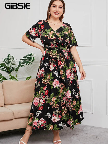 GIBSIE Plus Size V Neck Floral Print Boho Dress Women Summer Short Sleeve Maxi Dresses Holiday A-line Female Belted Dress