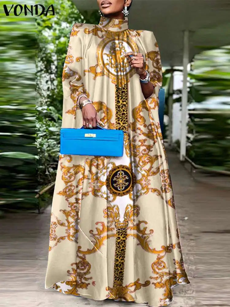 Plus Size 5XL VONDA Women Party Sundress Bohemian Stand Collar Sleeveless Print Maxi Dress Casual Bat Sleeve Satin Long Vestidos