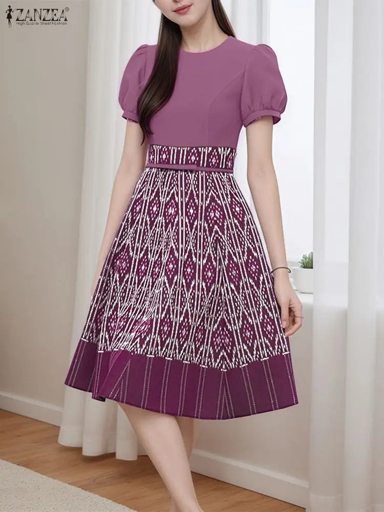2025 ZANZEA Vintage Women Printing Dresses Elegant Party Vestido Summer Short Sleeve Long Shirt Robe Puff Sleeve A-Line Sundress