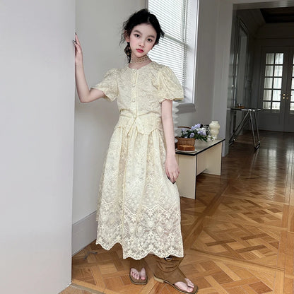 summer teen girl Embroidery dress set Bubble sleeve lace top+long skirt 2pcs junior kid suit child outfits vetement enfant fille