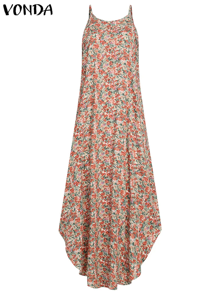 Plus Size 5XL VONDA Women Maxi Dress Summer 2025 Sexy Sleeveless Halter Long Dresses Asymmetrical Robe Printed Beach Sundress
