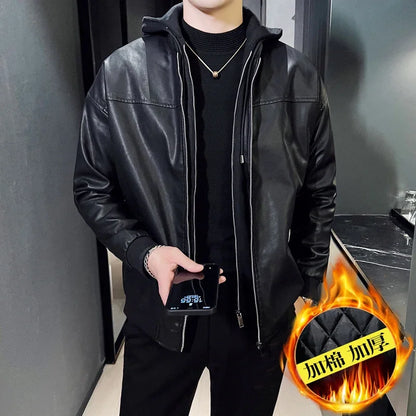 Double-layer Thicken Warm PU Jacket Top Men Loose Windproof Waterproof Hooded Outerwear Spring Fall Male Motorcycle Leather Coat
