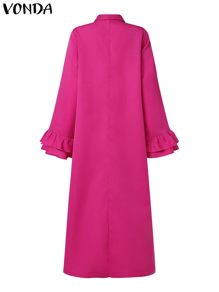 Plus Size 5XL VONDA Women Elegant Shirt Dress Ruffle Pleated Maxi Long Dress 2025 Casual Loose Solid Sundress Long Sleeve Robe