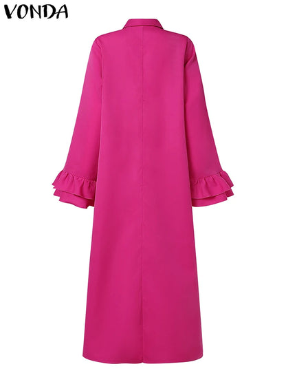 Plus Size 5XL VONDA Women Elegant Shirt Dress Ruffle Pleated Maxi Long Dress 2025 Casual Loose Solid Sundress Long Sleeve Robe