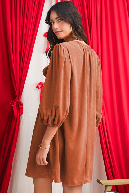 Cinnamon Split Neck Scallop Detail Pleated Corduroy Mini Dress