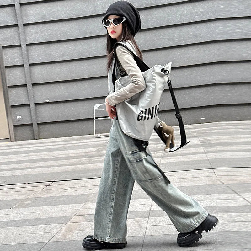 vetement enfant fille denim vest+top t shirt+cargo pants jeans three pcs kids girls clothes sets childer outfits clothing suit