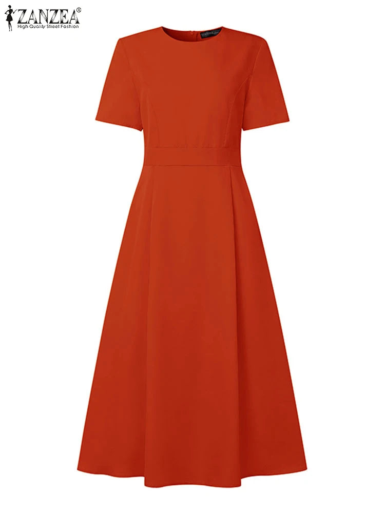ZANZEA Plus Size Dresses Elegant Party Women Summer Short Sleeve Solid Sundress Waisted Evening Long Vestidos Casual Robe 5XL