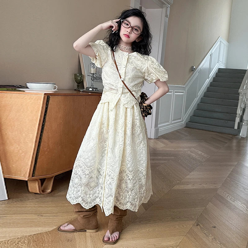 summer teen girl Embroidery dress set Bubble sleeve lace top+long skirt 2pcs junior kid suit child outfits vetement enfant fille