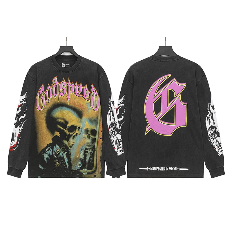 Vintage Washed Godspeed Long-sleeved T-shirts Rock Roll Tee Skull Racing Driver Print Loose Streetwear Tops Men Women