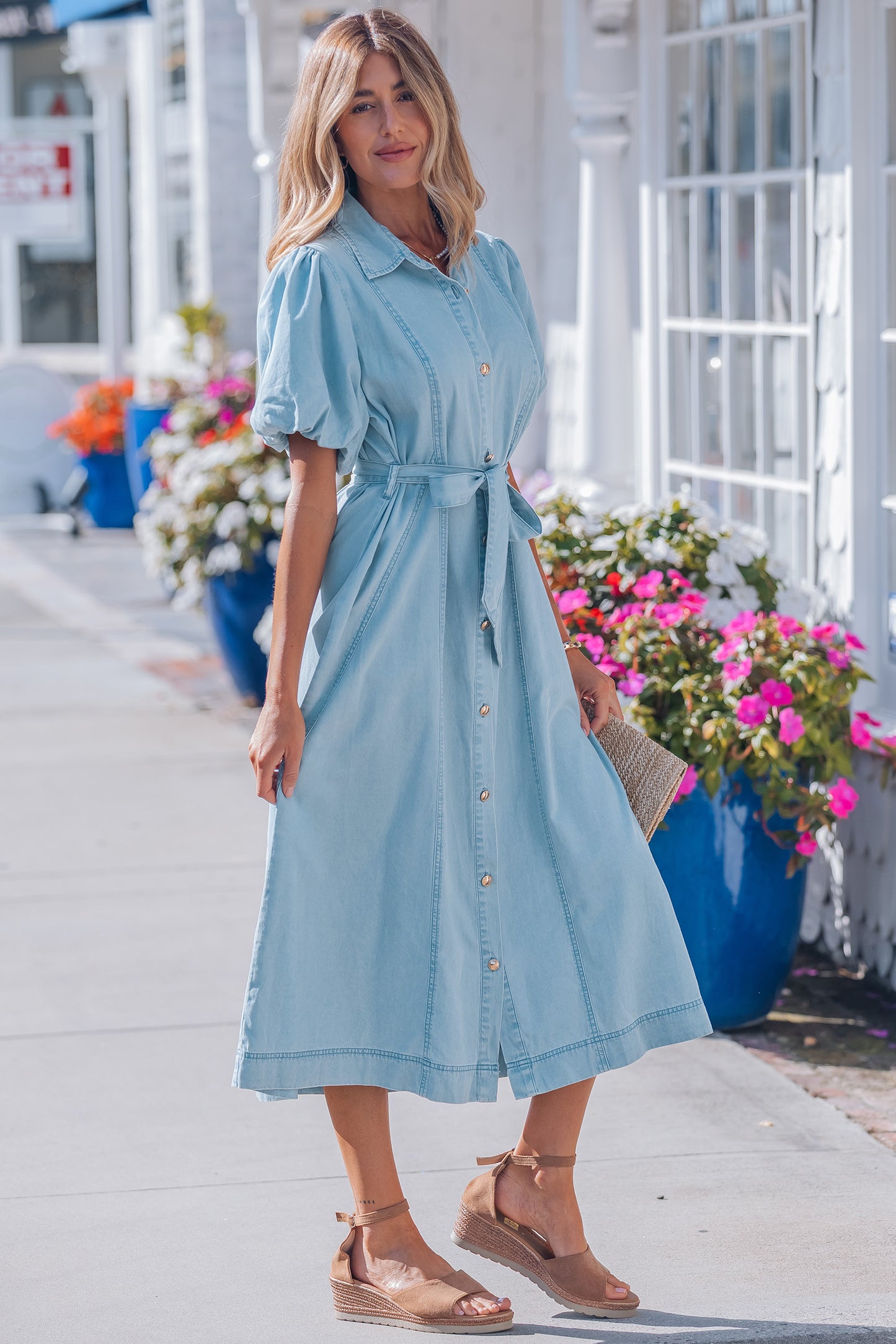 Beau Blue Full Buttons Collared Short Bubble Sleeve Long Denim Dress