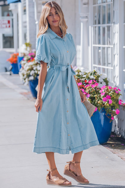 Beau Blue Full Buttons Collared Short Bubble Sleeve Long Denim Dress