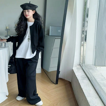 Teen Girls Casual Clothes Set Black Khaki Zipper Jacket+Wide leg pants 2pcs Junior Kids Suit Child Outfits Vetement enfant fille