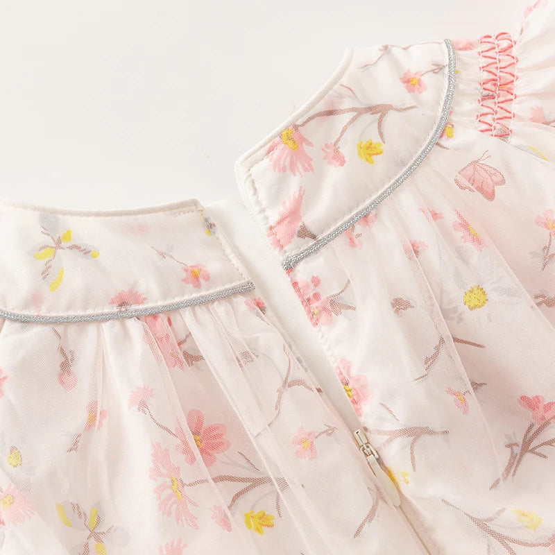 Dave Bella Girl's Dress 2025 New Summer Children Baby Princess Dress Butterfly Floral Mesh Gentle Sweet Sleeveless DB2241117