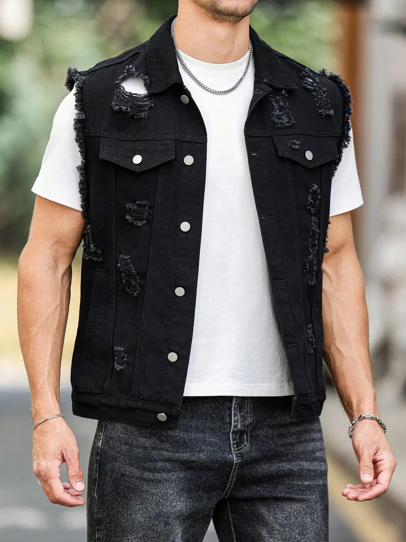 Men's Black Ripped Denim Vest for Spring, Sleeveless Design, a Must - Have for Street - style Trendsetters