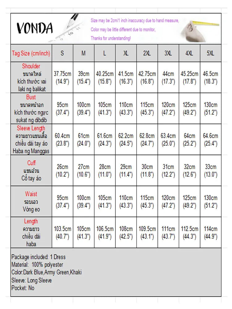 Elegant Plus Size Dresses VONDA Women Corduroy Midi Vestidos 2025 Autumn Long Sleeve Solid Casual Streetwear Holiday Party Robe