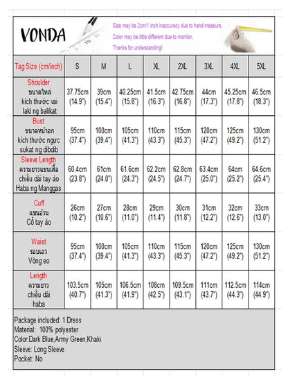 Elegant Plus Size Dresses VONDA Women Corduroy Midi Vestidos 2025 Autumn Long Sleeve Solid Casual Streetwear Holiday Party Robe