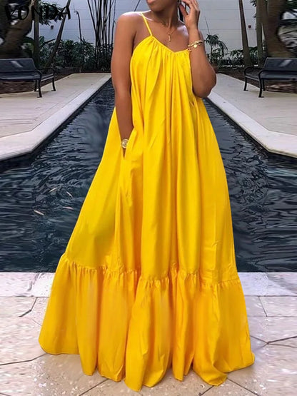 Plus Size Women's Summer Dress Spaghetti Strap Sexy Maxi Sundress 2025 Satin Party Beach Vestido Ruffled Robe 5XL