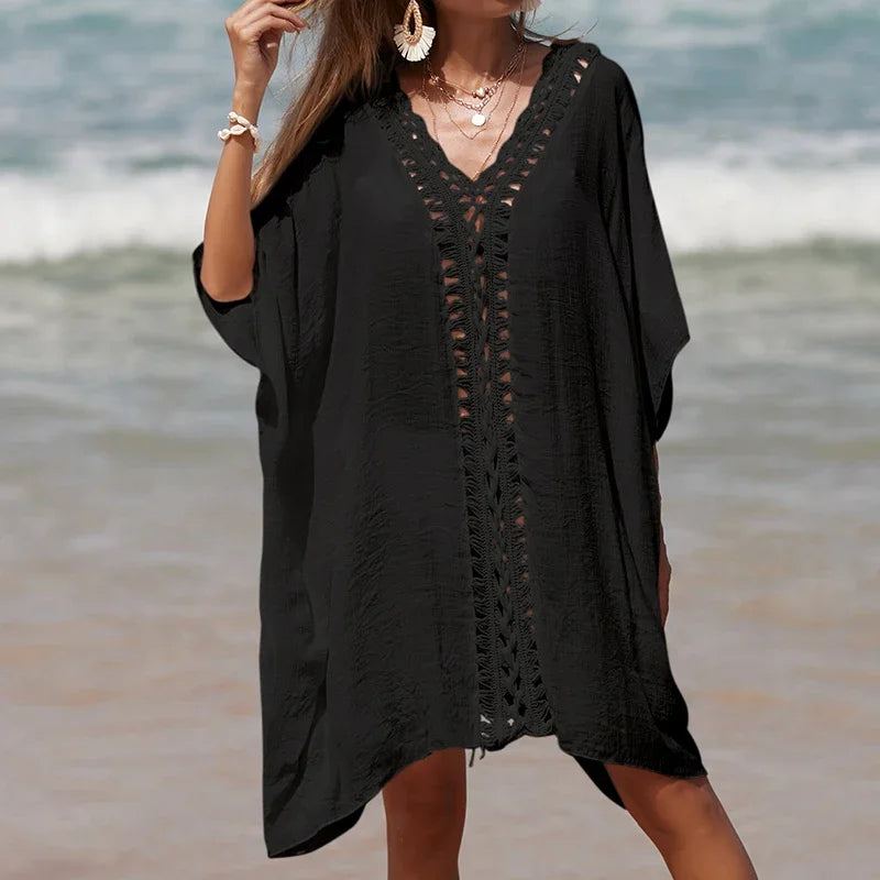 Beach Cover Up for Woman Tunic Bikini Dress Solid Color Crochet Cutout Loose Sun Protection Swimsuit Robe Bathing Suit Sundress
