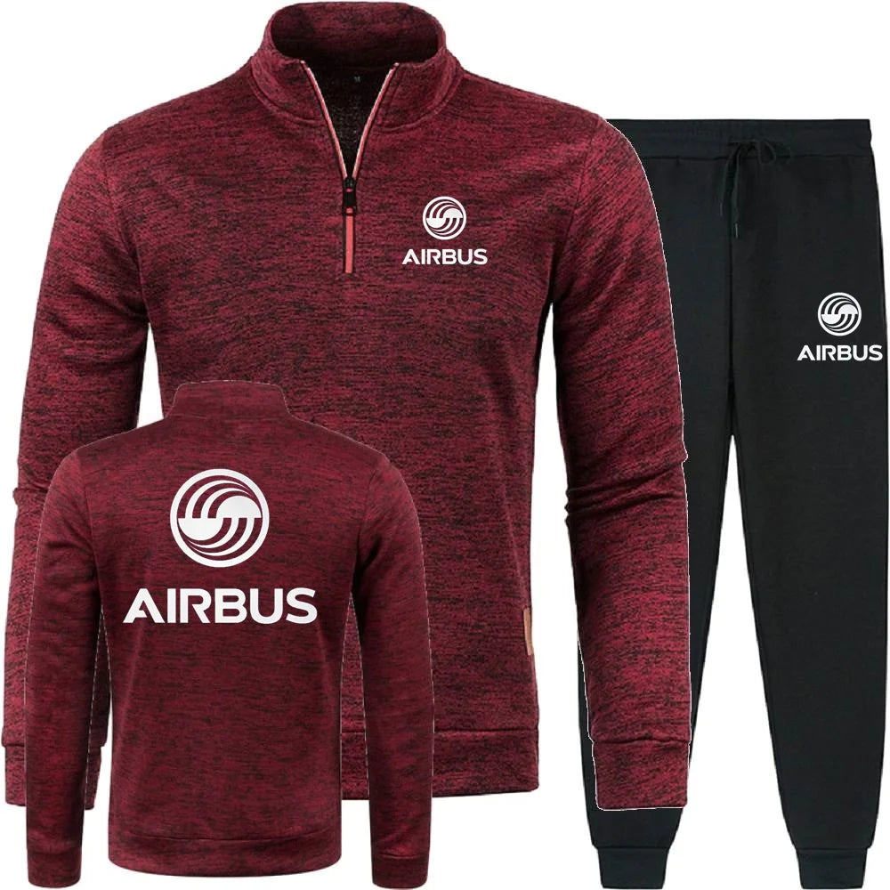 Men 2Pcs Sets Hoodies Pants Sweatshirts Half Zipper Soft Fleece Turtleneck Sweater AIRBUS AVIATION Flight Airbusfan A320