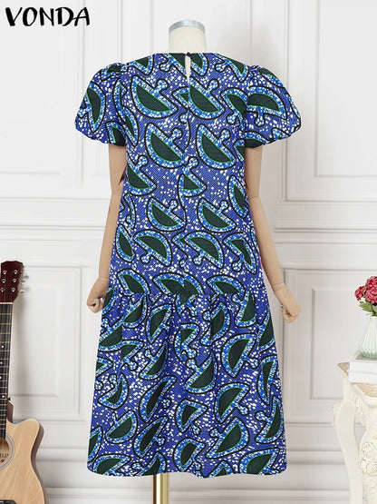 Plus Size Women Dress Vintage Print Sundress 2025 VONDA Puff Sleeve Casual Loose Vestidos Fashion Ruffled Midi Robe Femme