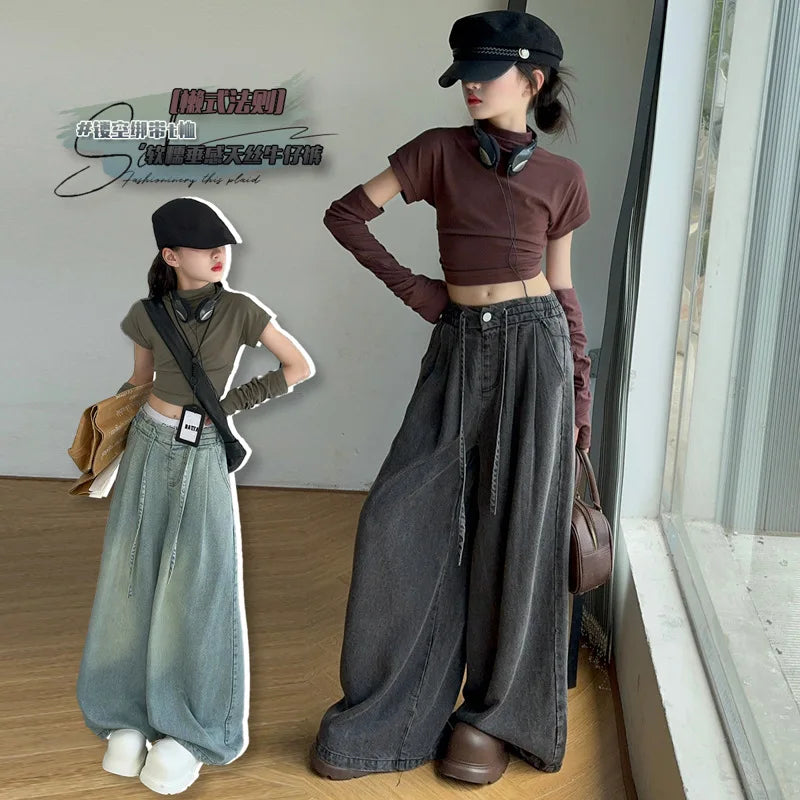 Girls Jeans Spring Fall Famous Western-style Child Wide Leg Pants Kids Floor Trousers 6 8 10 12 14 Vetement Enfant Fille Clothes