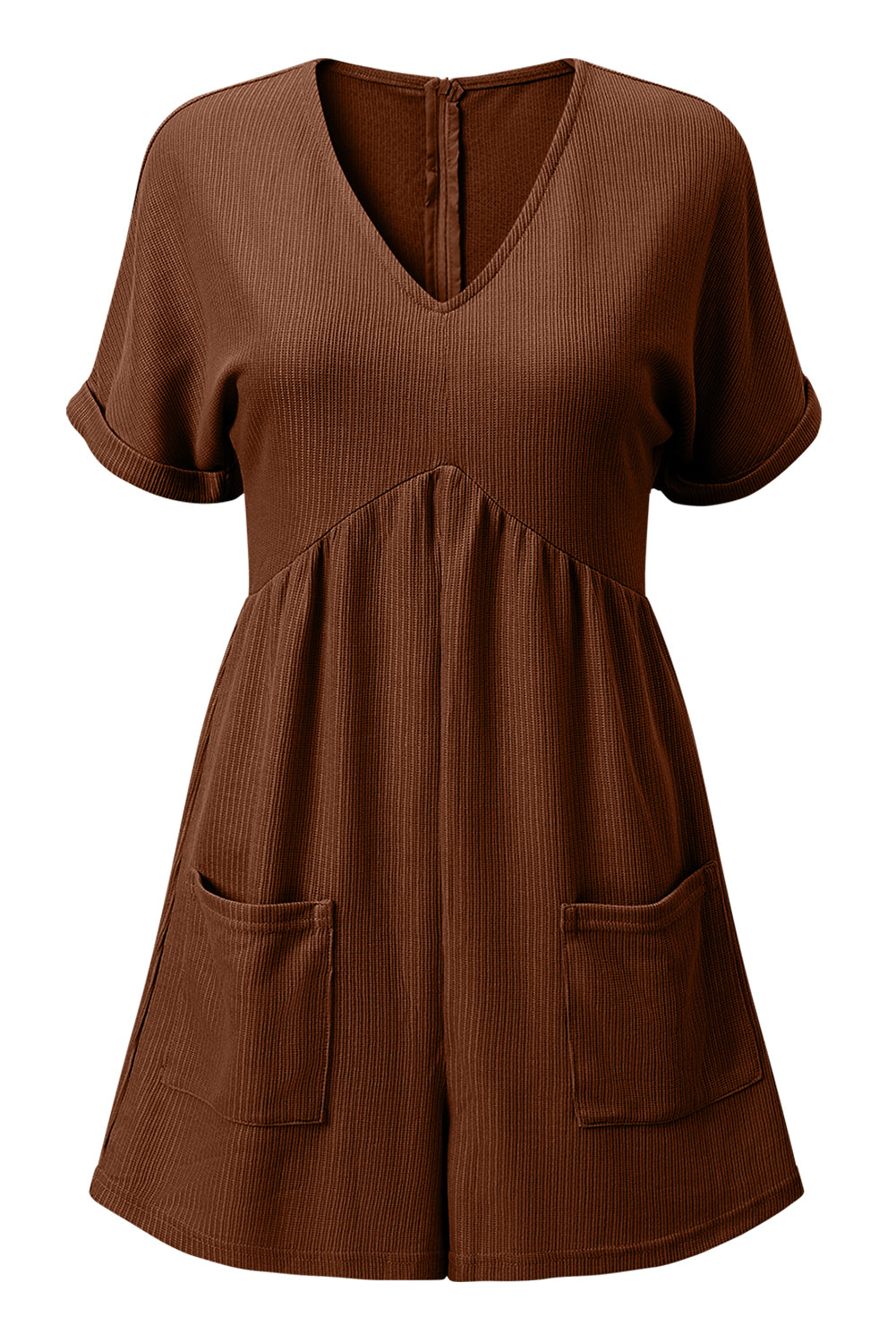 Coffee Solid Color Knit V Neck Zipped Loose Romper