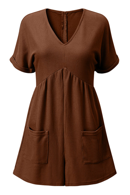 Coffee Solid Color Knit V Neck Zipped Loose Romper