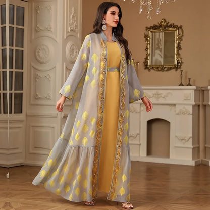 Eid Muslim Abayas for Women Party 2 Piece Set Embroidery Cardigan Robe Lace Up Dress Morocco Kaftan Islam Ramadan Dubai Dresses