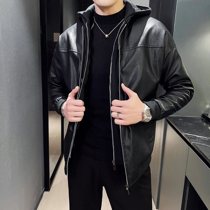 Double-layer Thicken Warm PU Jacket Top Men Loose Windproof Waterproof Hooded Outerwear Spring Fall Male Motorcycle Leather Coat