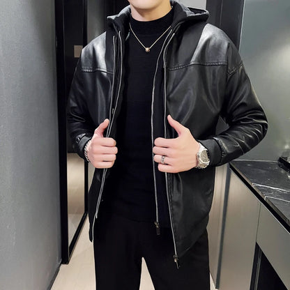 Double-layer Thicken Warm PU Jacket Top Men Loose Windproof Waterproof Hooded Outerwear Spring Fall Male Motorcycle Leather Coat