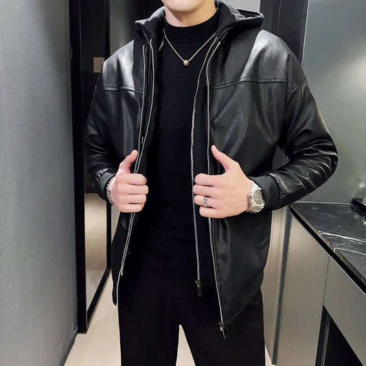 Double-layer Thicken Warm PU Jacket Top Men Loose Windproof Waterproof Hooded Outerwear Spring Fall Male Motorcycle Leather Coat