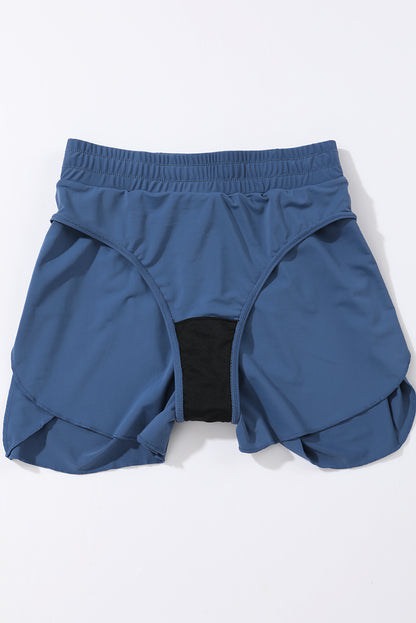 Blue Solid Color 2-in-1 Drawstring Elastic Waist Swim Shorts