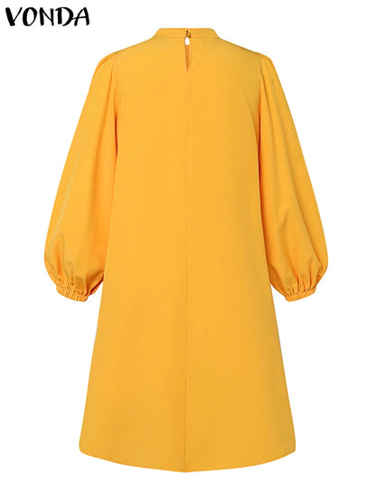 2025 Autumn Knee Length Dress Women Elegant Sundress Casual Solid Stand Collar Bownot Vestido Long Sleeve Robes Plus Size VONDA