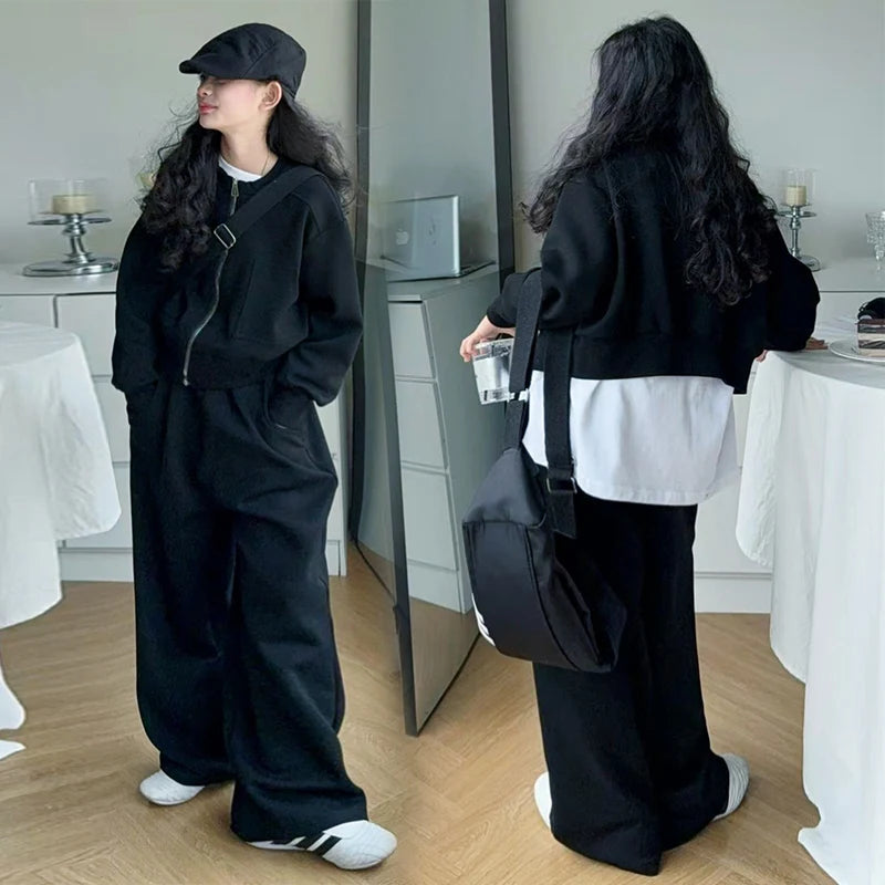 black khaki teen girls casual clothes set Zipper jacket+wide leg pants 2pcs junior kids suit child outfits vetement enfant fille