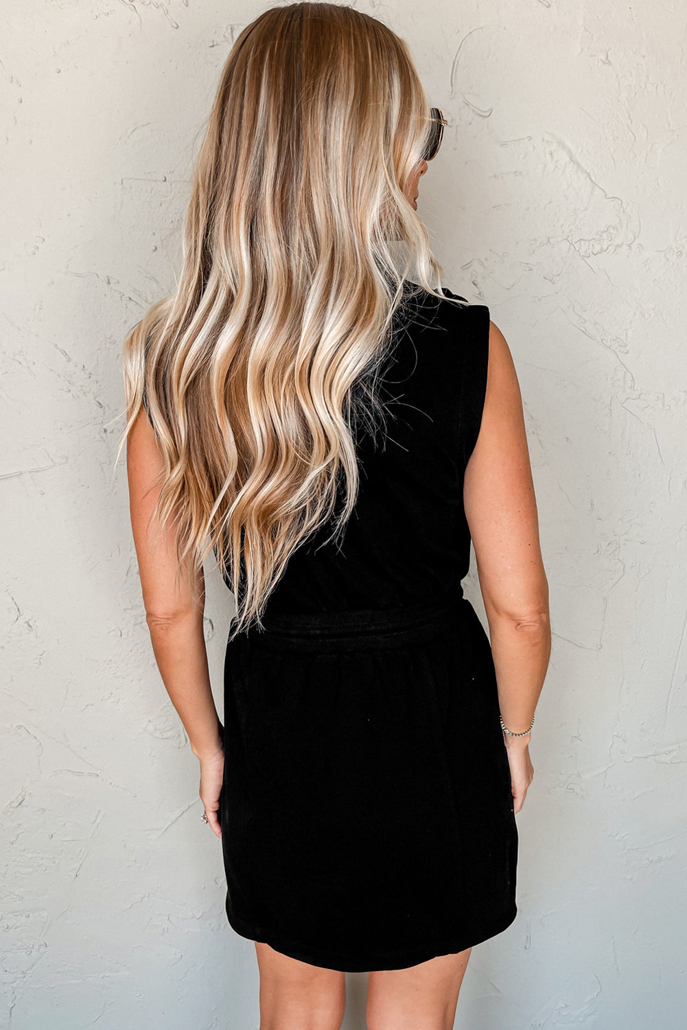 Black Terry Zipped Collar Sleeveless Drawstring Waist Mini Dress