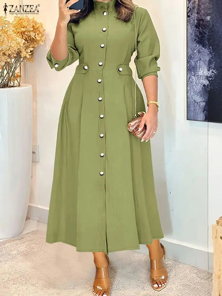 ZANZEA Plus Size Women's Midi Dresses Elegant Casual Mock Neck Long Sleeve Button Up A-Line Long Dress FW Woman Clothing 5XL