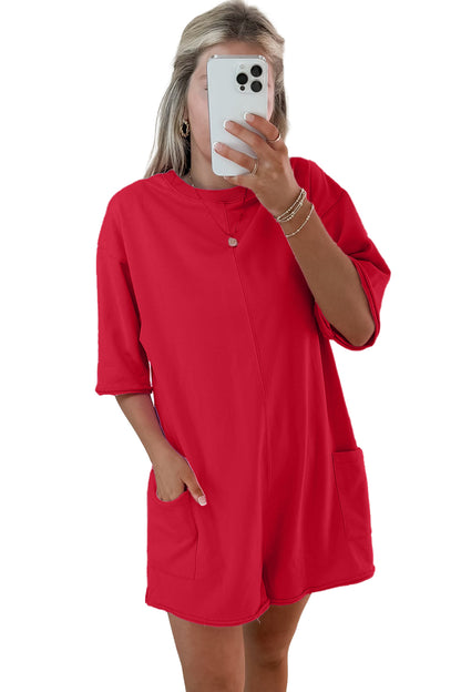 Fiery Red Solid Color Raw Edge Half Sleeve Pocketed Loose Romper