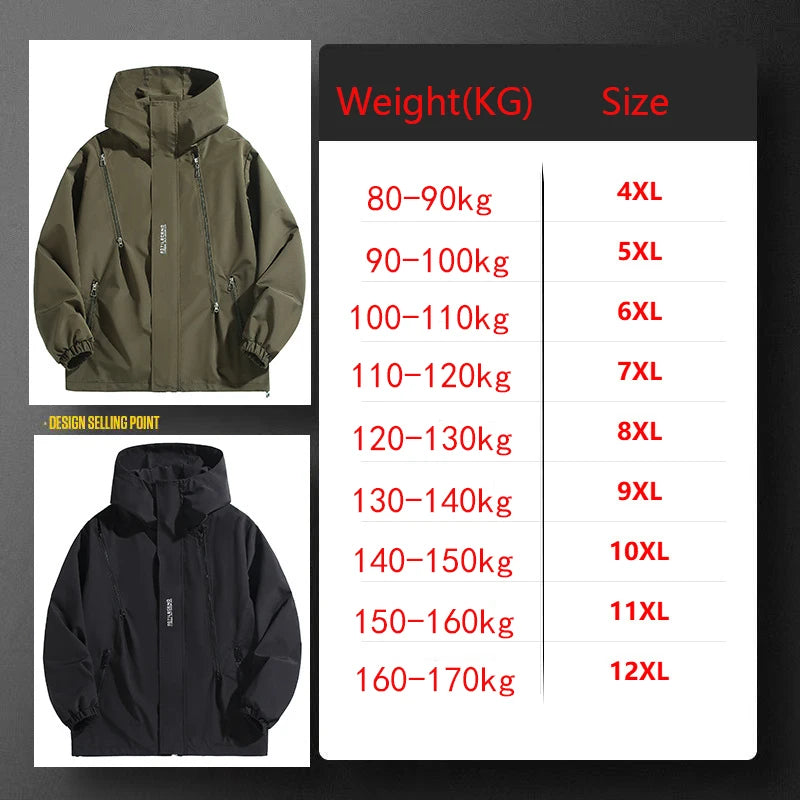 Big Size 12XL Bomber Jacket Men Hooded Zipper Windbreaker Male Fishing Waterproof Windproof Windshield Outerwear Large Plus Fat