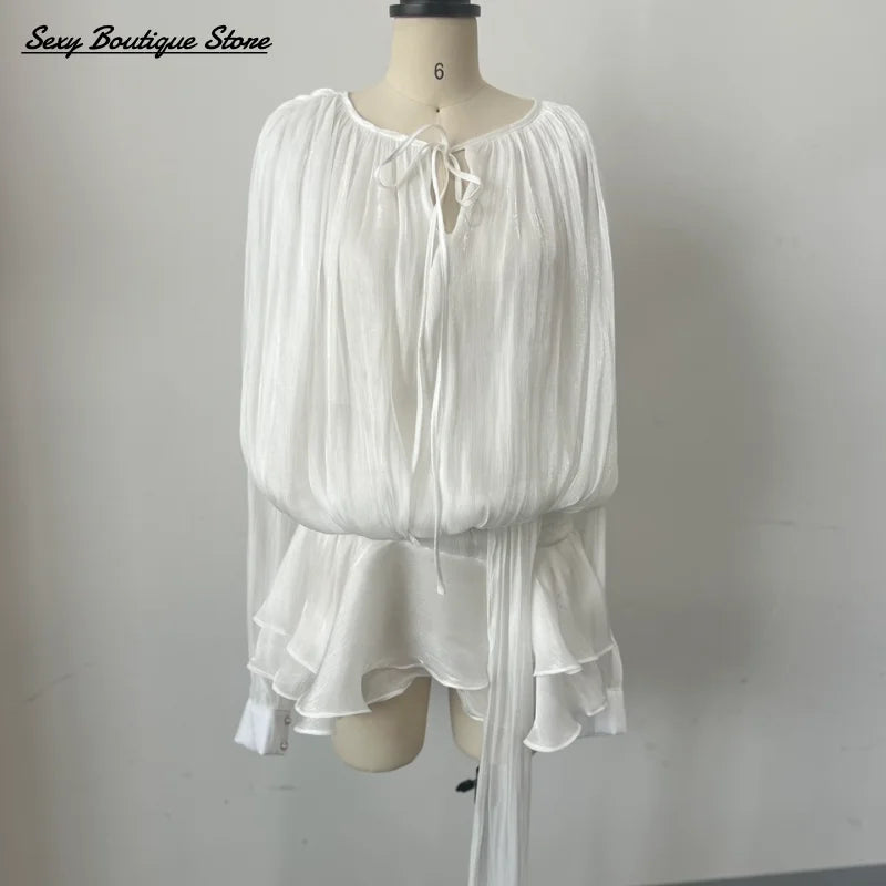 Elegant Lantern Sleeve Blouse Mini Dress With Short O Neck Low Waist Pleated Hem Robes Lace Up Party Vestidso 2025 Lady Clothing