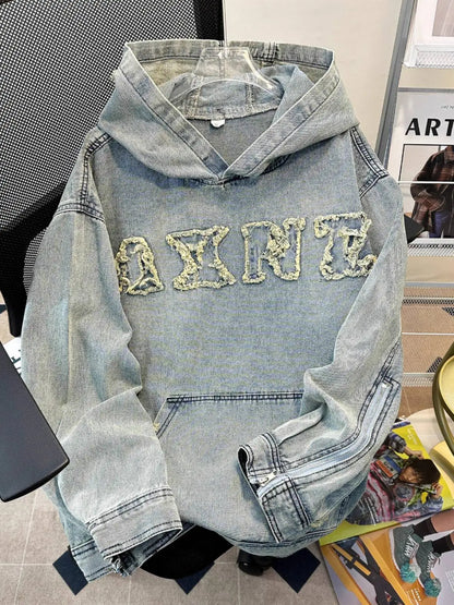 Hip hop Embroidered Denim Jacket for Men Spring Autumn Washed Distressed Loose Hooded Sweatshirt Trendy Coat