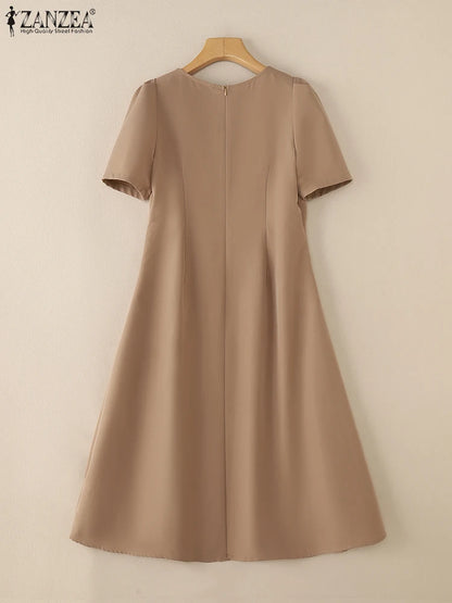 ZANZEA Women Pleated Robes O-Neck Streetwear Short Puff Sleeve Elegant Midi Dresses 2025 Fashion Solid Color A-line Vestidos