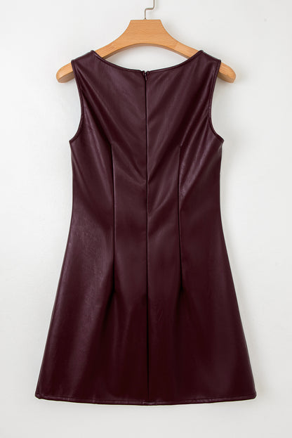 Black Faux Leather Sleeveless Round Neck Mini Dress