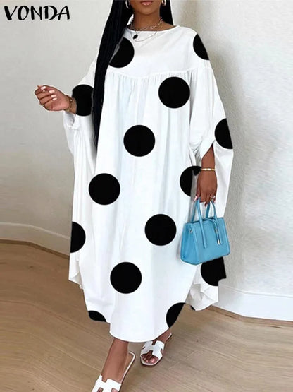 Plus Size VONDA Women Dot Printed Dress Bohemian Sundress 2025 Three Quarter Summer Party Vestidos Bat-wing Sleeve Casual Robe