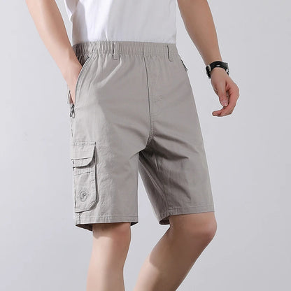 Cotton Cargo Shorts Men Summer Breathable Drawstring Short Pants Casual Loose Straight Work Shorts Elastic Waist Outdoor Shorts