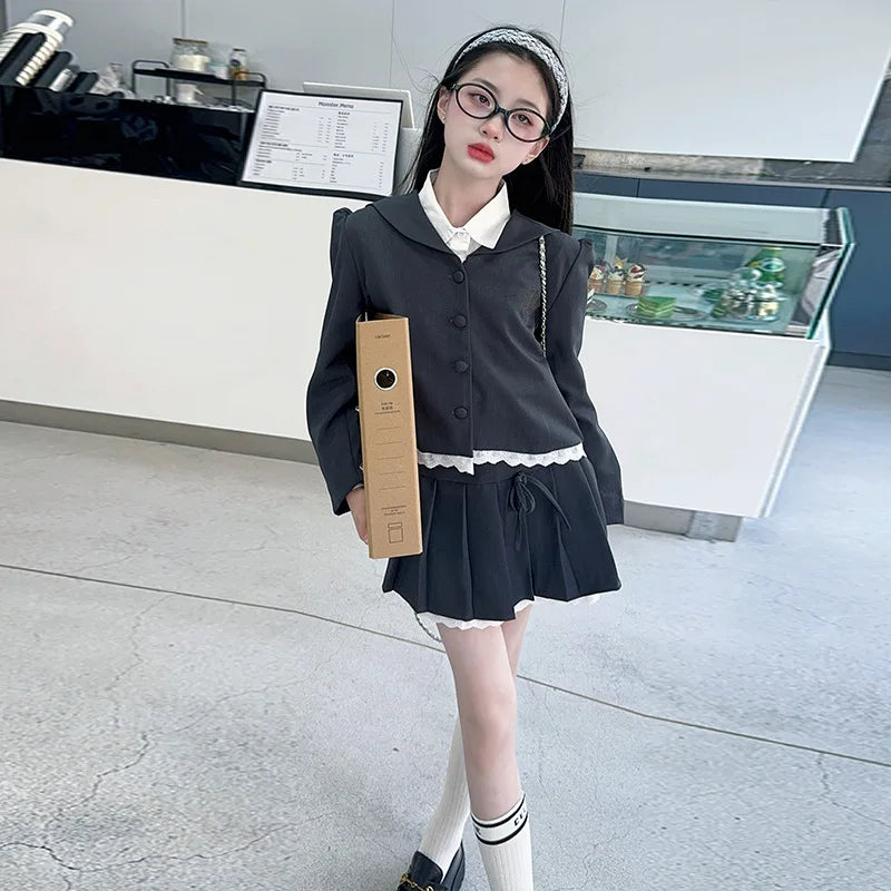 teen girls skirt set college style suit jacket+pleated skirt 2pcs junior kids clothes suit child outfits vetement enfant fille