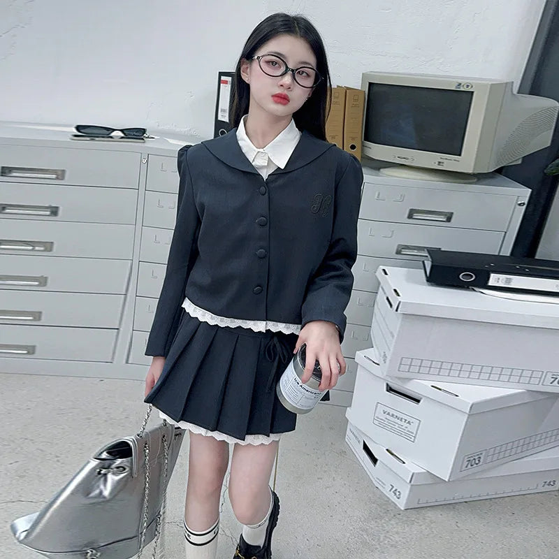 teen girls skirt set college style suit jacket+pleated skirt 2pcs junior kids clothes suit child outfits vetement enfant fille