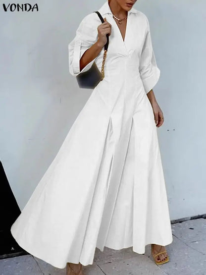 Plus Size 5XL VONDA Women Long Sleeve Robe 2025 Autumn V-Neck Solid Color Maxi Dresses Casual Loose Ruffled Party Work Vestidos